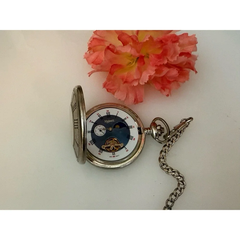 2002 Majesti Pocket‎ Watch with Inscription In Back As is Chain Silver Tone Blue